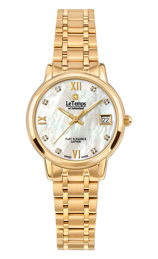 Flat Elegance Lady Damenuhr mit vergoldetem Edelstahlarmband – Saphirglas