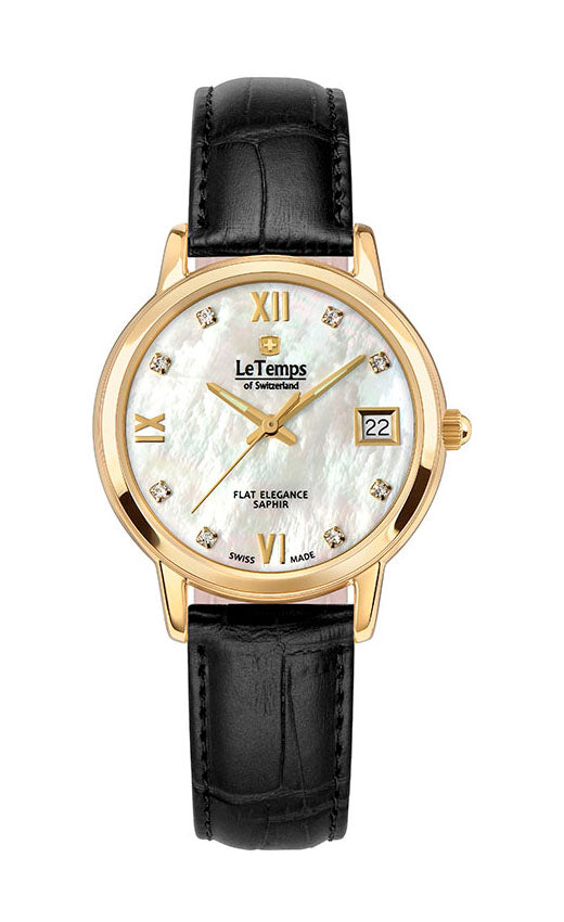 Flat Elegance Lady Damenuhr mit schwarzem Lederarmband – Saphirglas