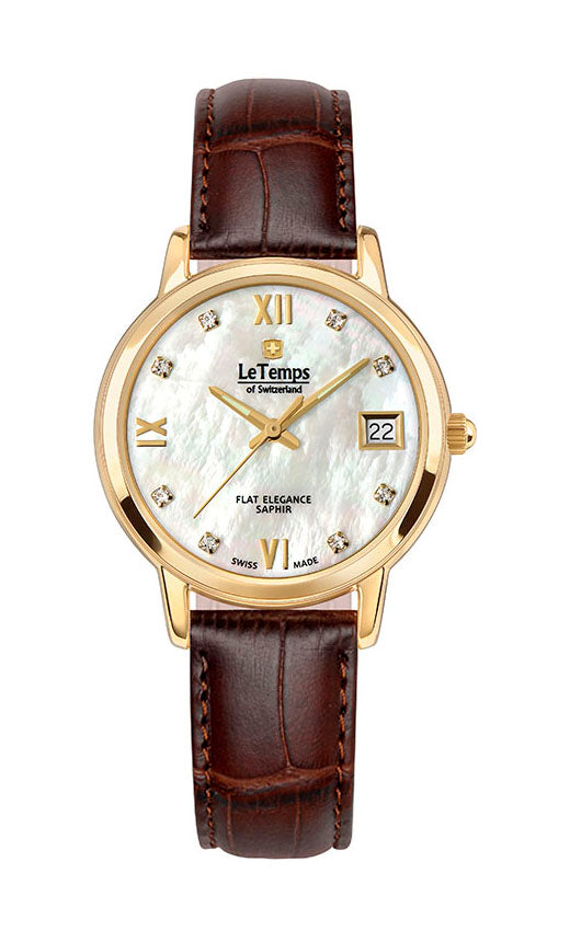 Flat Elegance Lady Damenuhr mit braunem Lederarmband – Saphirglas