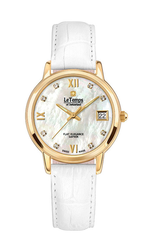 Flat Elegance Lady Damenuhr mit weißem Lederarmband – Saphirglas