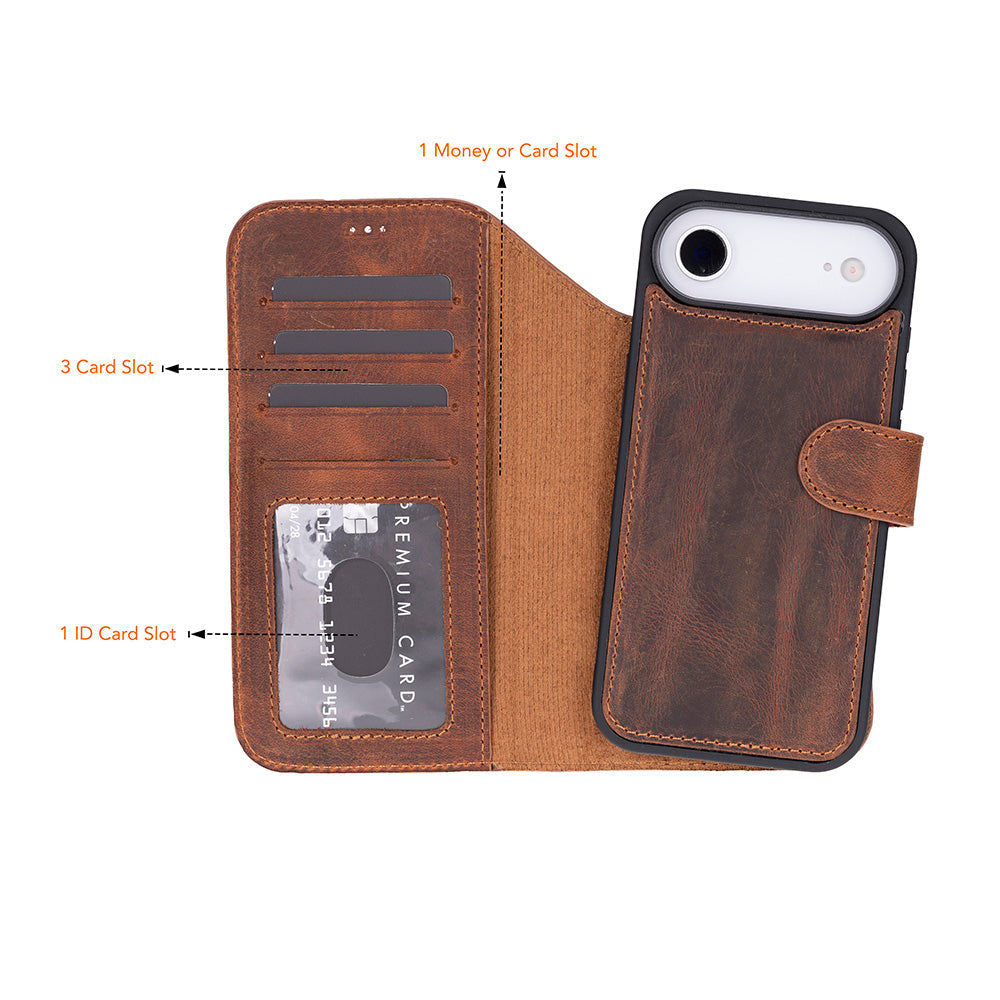 iPhone 17 Air Magic Wallet Echtleder Geldbörsenhülle (Rot, Schwarz, Tan, Rosa, Grau, Blau, Braun,)