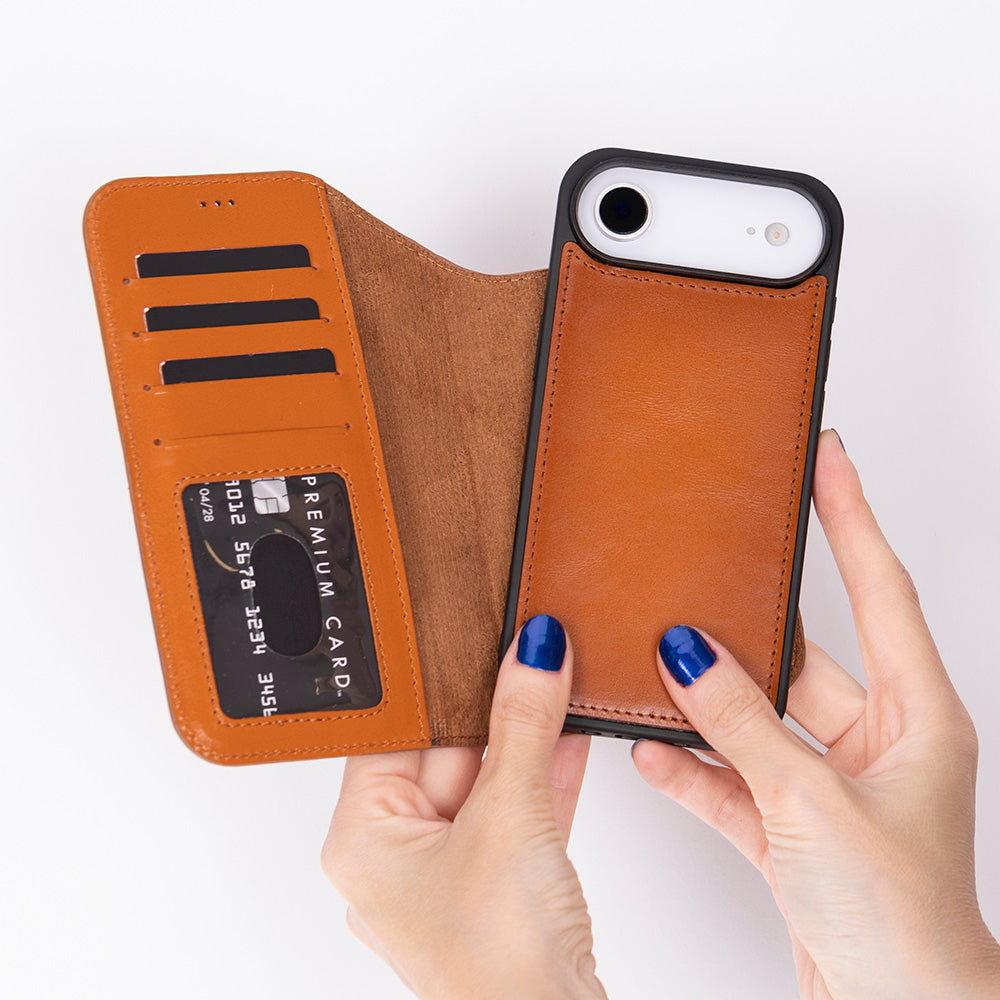 iPhone 17 Air Magic Wallet Echtleder Geldbörsenhülle (Rot, Schwarz, Tan, Rosa, Grau, Blau, Braun,)