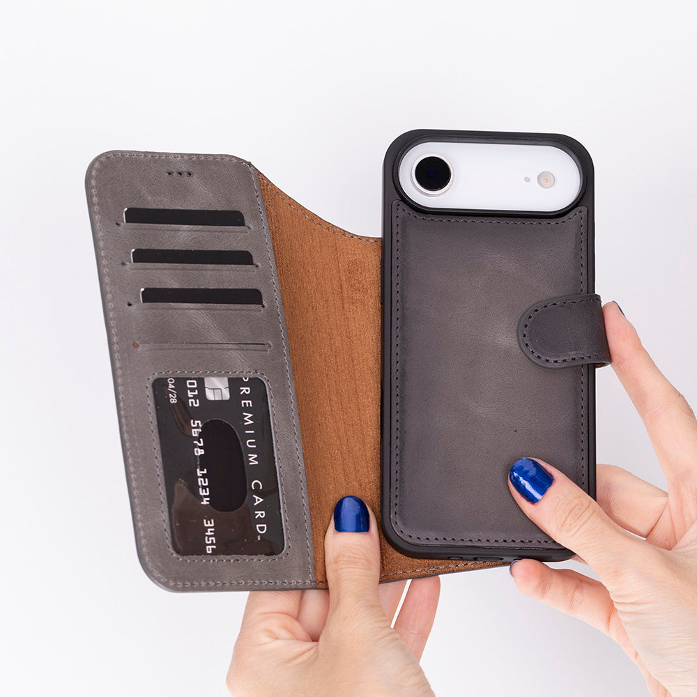 iPhone 17 Air Magic Wallet Echtleder Geldbörsenhülle (Rot, Schwarz, Tan, Rosa, Grau, Blau, Braun,)
