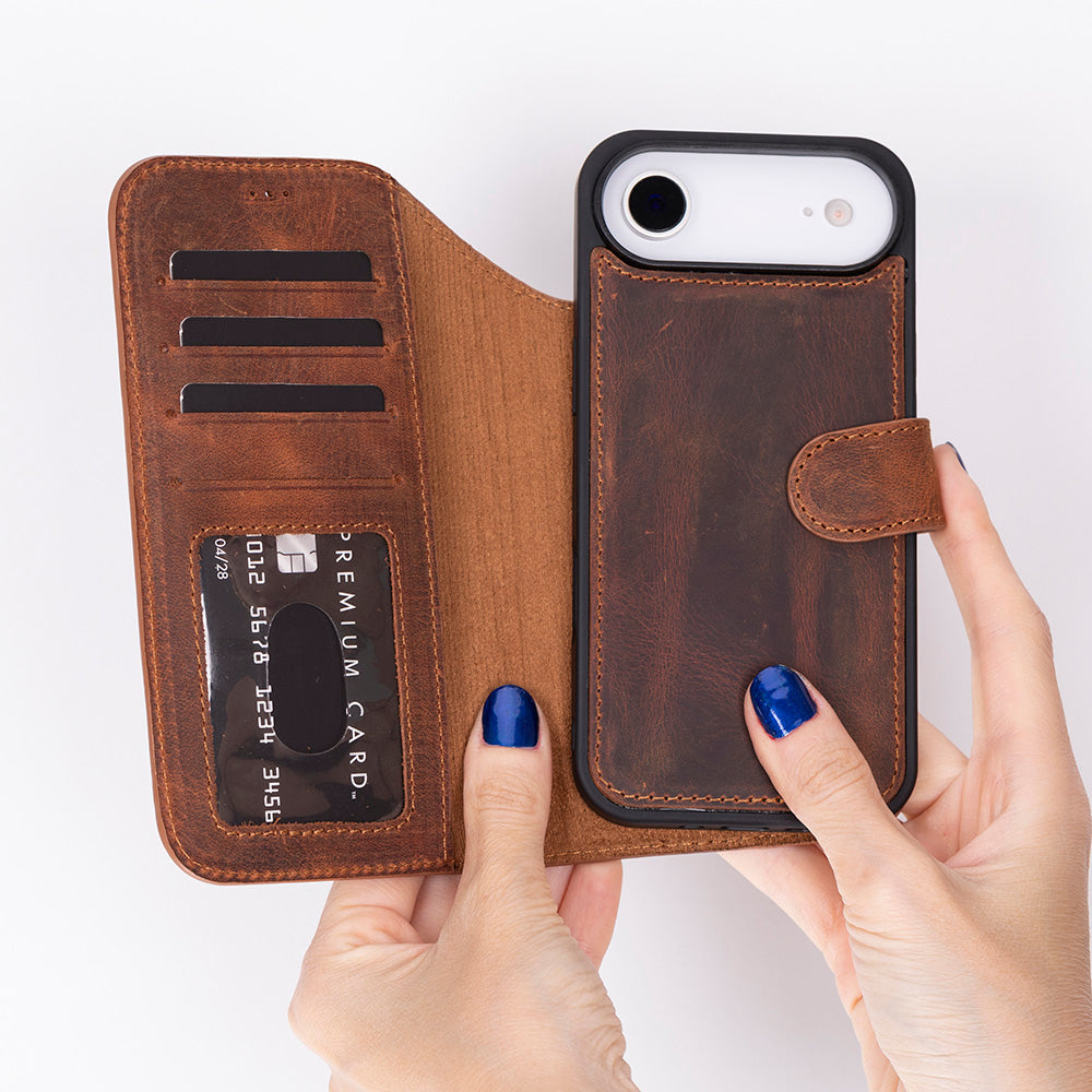 iPhone 17 Air Magic Wallet Echtleder Geldbörsenhülle (Rot, Schwarz, Tan, Rosa, Grau, Blau, Braun,)
