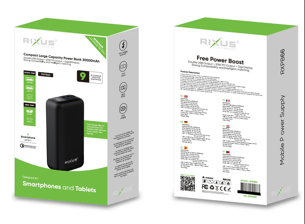 Rixus RXPB62 30000 mAh 22,5W Super Fast Powerbank – 2x USB + 1x Type-C PD