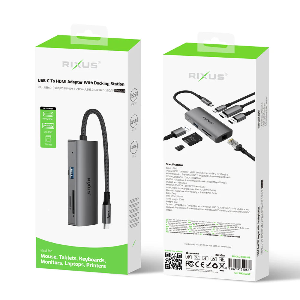 Rixus RXHU08 USB-C Docking Station mit HDMI, LAN &amp; mehr – Grau
