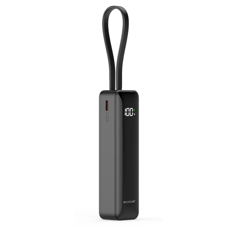 Rixus RXPB03B 5000 mAh Powerbank mit Digitalanzeige – Integriertes Typ-C-Kabel und Trageschlaufe