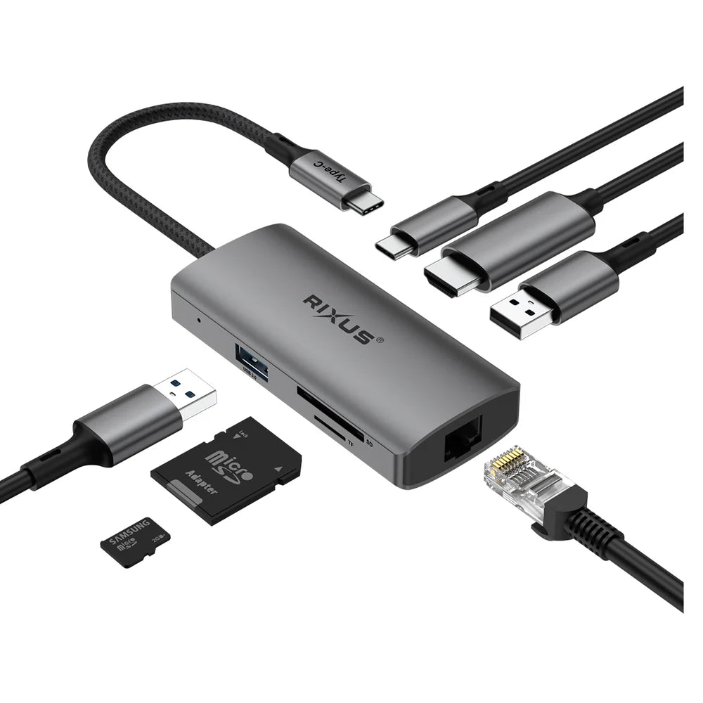Rixus RXHU08 USB-C Docking Station mit HDMI, LAN &amp; mehr – Grau