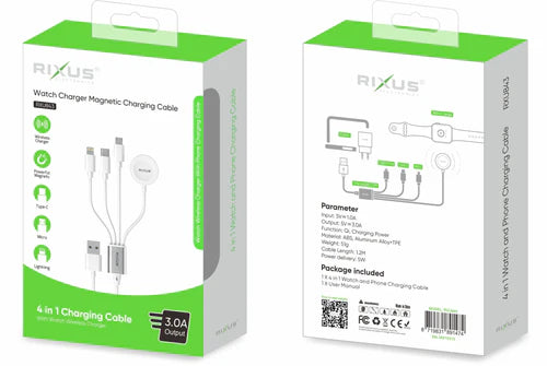 Rixus RXU843 4-in-1-Ladekabel - Schnelles und sicheres Laden für USB-C, Micro-USB, Lightning und Smartwatches