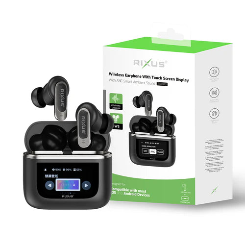 Rixus RXBH23 Kabellose Travel Pro In-Ear-Kopfhörer mit Touchscreen-Display – Schwarz