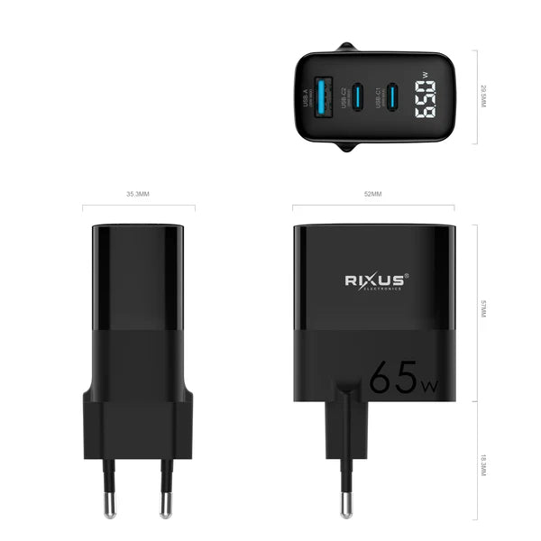 Rixus RX105 PD 65W Schnellladegerät 2x USB-C & 1x USB-A