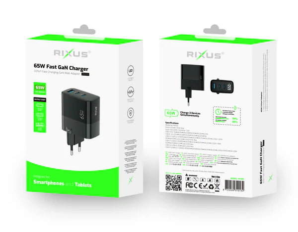 Rixus RX105 PD 65W Schnellladegerät 2x USB-C & 1x USB-A