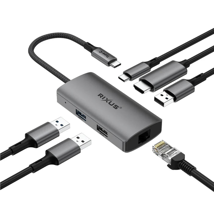 Rixus RXHU07 USB-C zu Ethernet HDMI Adapter mit Dockingstation - Grau