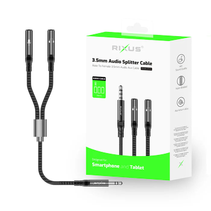 Rixus RXMU35A Audio-Splitter-Kabel, 3,5-mm-Klinke, Schwarz, 30 cm