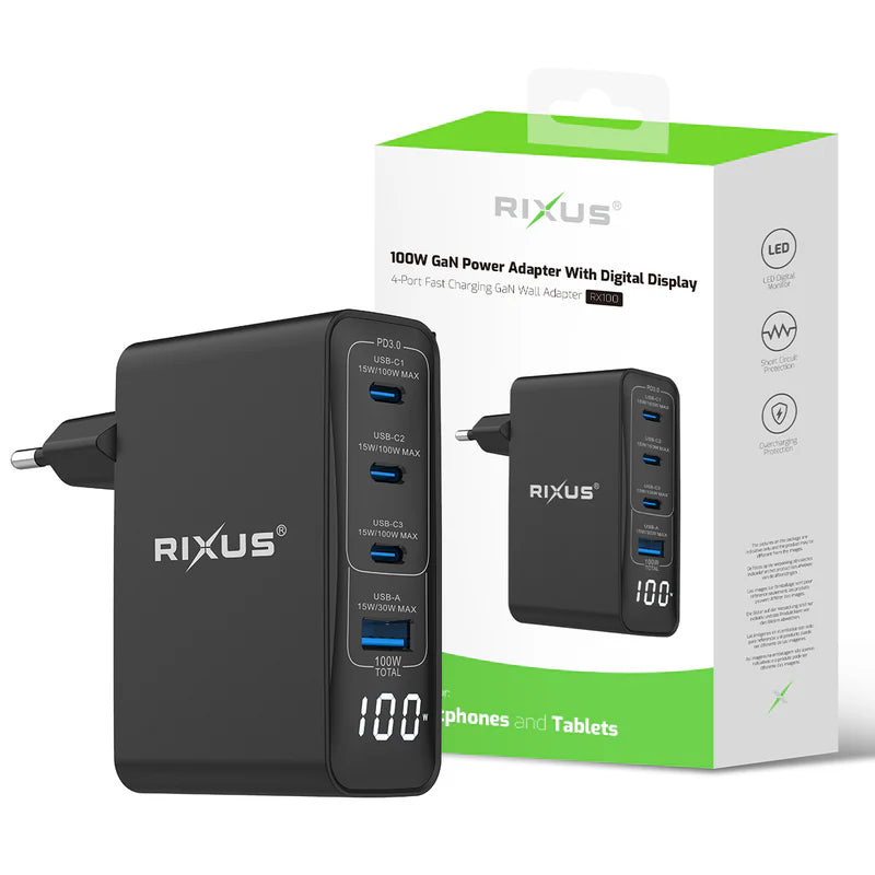 Rixus RX100 100W GaN Schnellladeadapter | 4 Ports mit Digitalanzeige