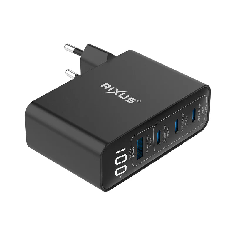 Rixus RX100 100W GaN Schnellladeadapter | 4 Ports mit Digitalanzeige
