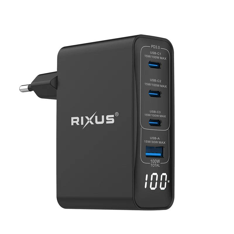 Rixus RX100 100W GaN Schnellladeadapter | 4 Ports mit Digitalanzeige