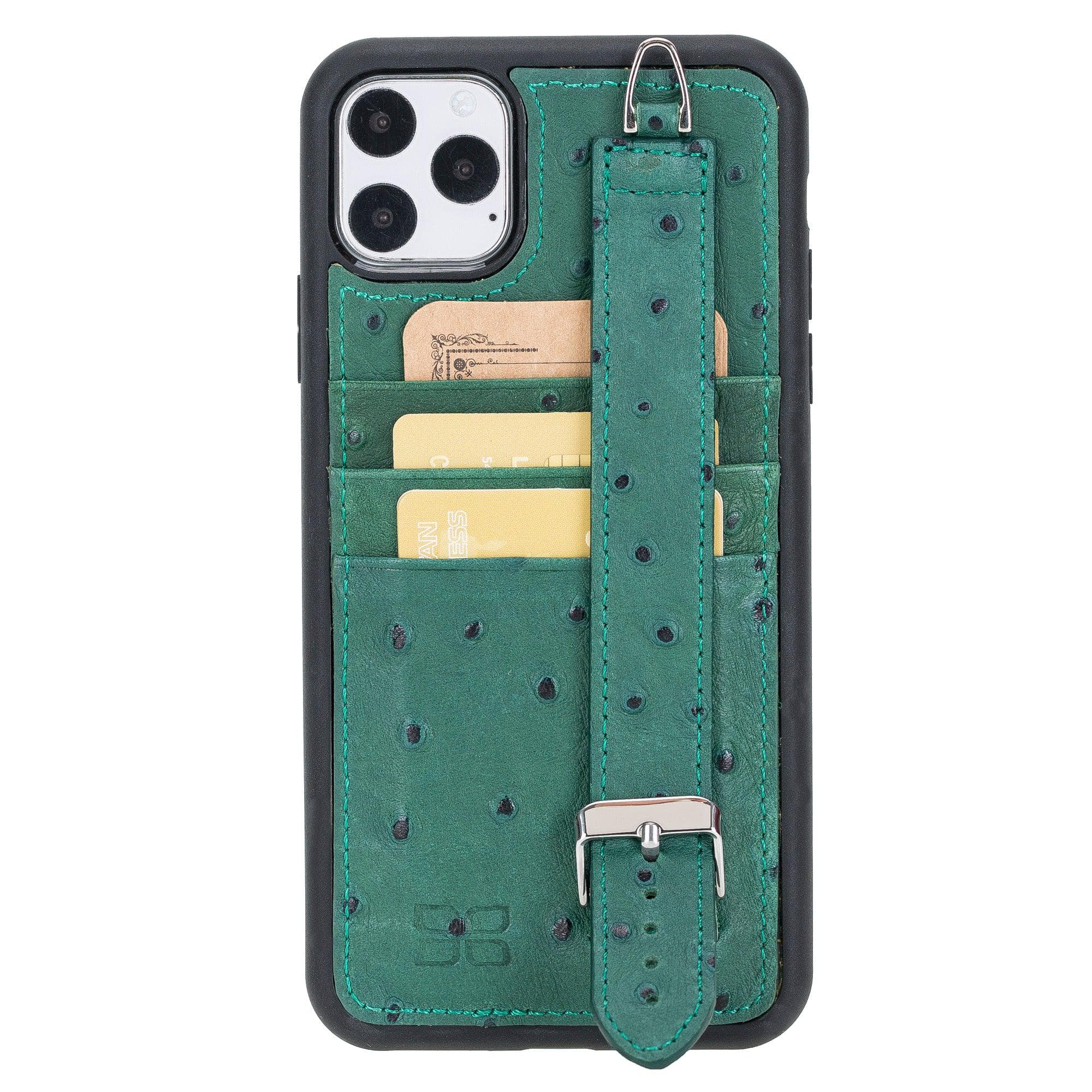 Flexible Leather Back Cover with Hand Strap for iPhone 11 Series iPhone 11 Pro Max / Ostrich Green Bouletta LTD