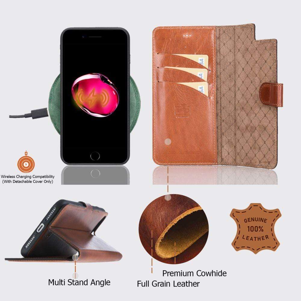 Phone Case Magnetic Detachable Leather Wallet Case for Apple iPhone 7/8 Plus - Rustic Tan with Effect Bouletta Shop