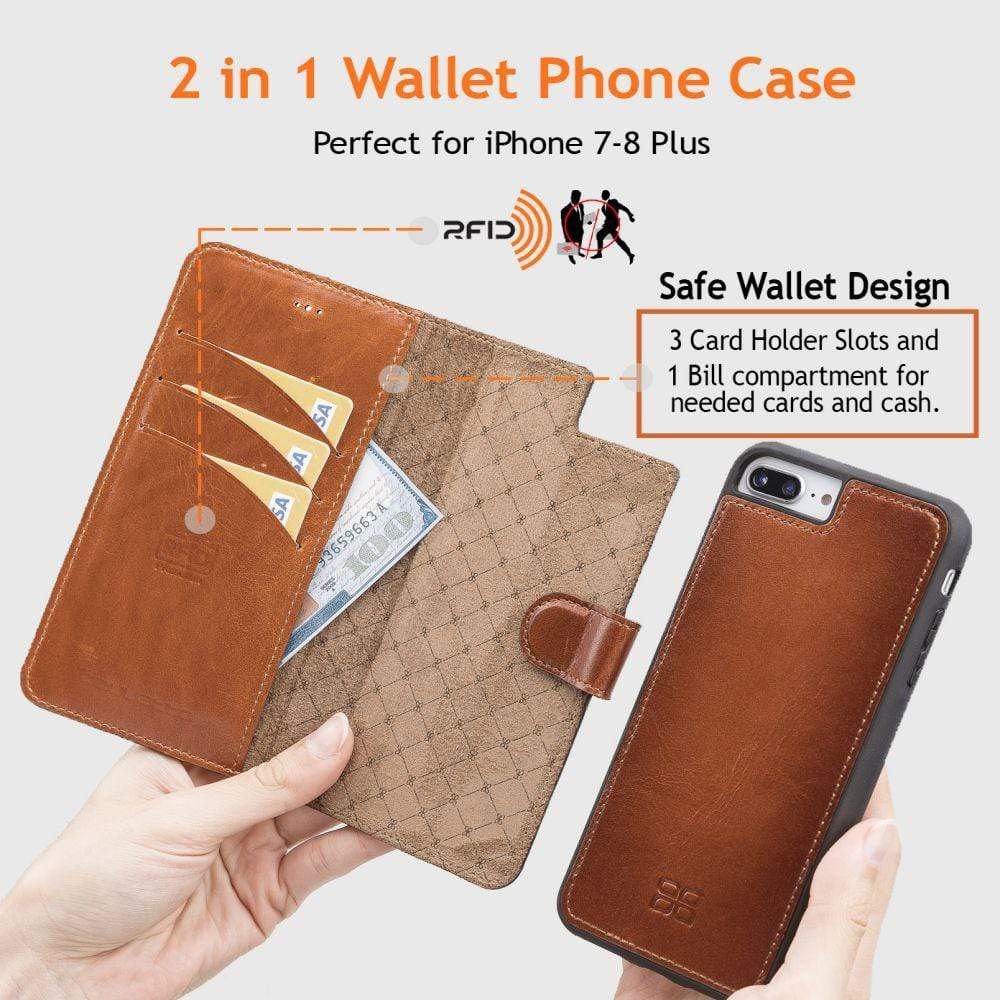 Phone Case Magnetic Detachable Leather Wallet Case for Apple iPhone 7/8 Plus - Tiguan Tan Bouletta Shop
