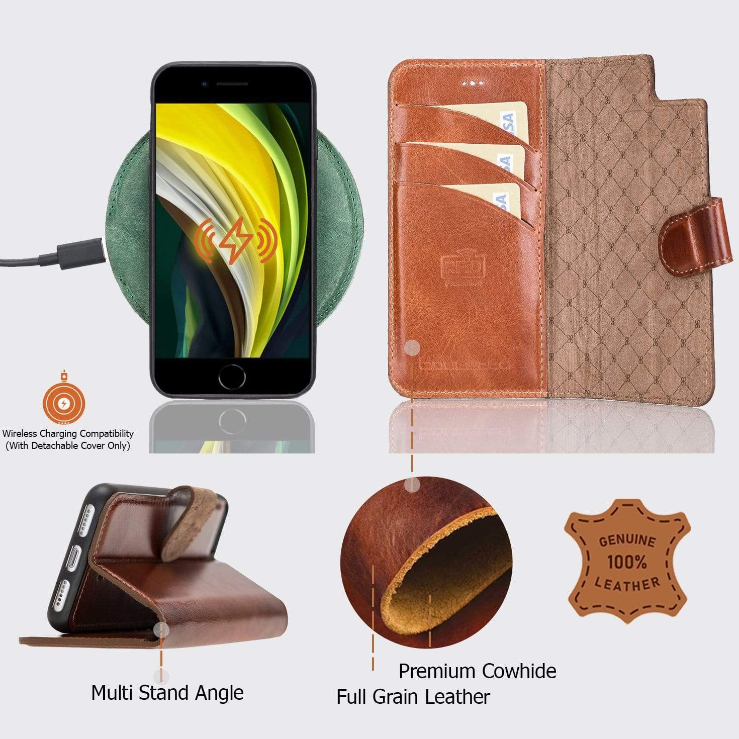 Phone Case Magnetic Detachable Leather Wallet Case for Apple iphone SE2/7/8 -  Tiguan Grey Bouletta Shop