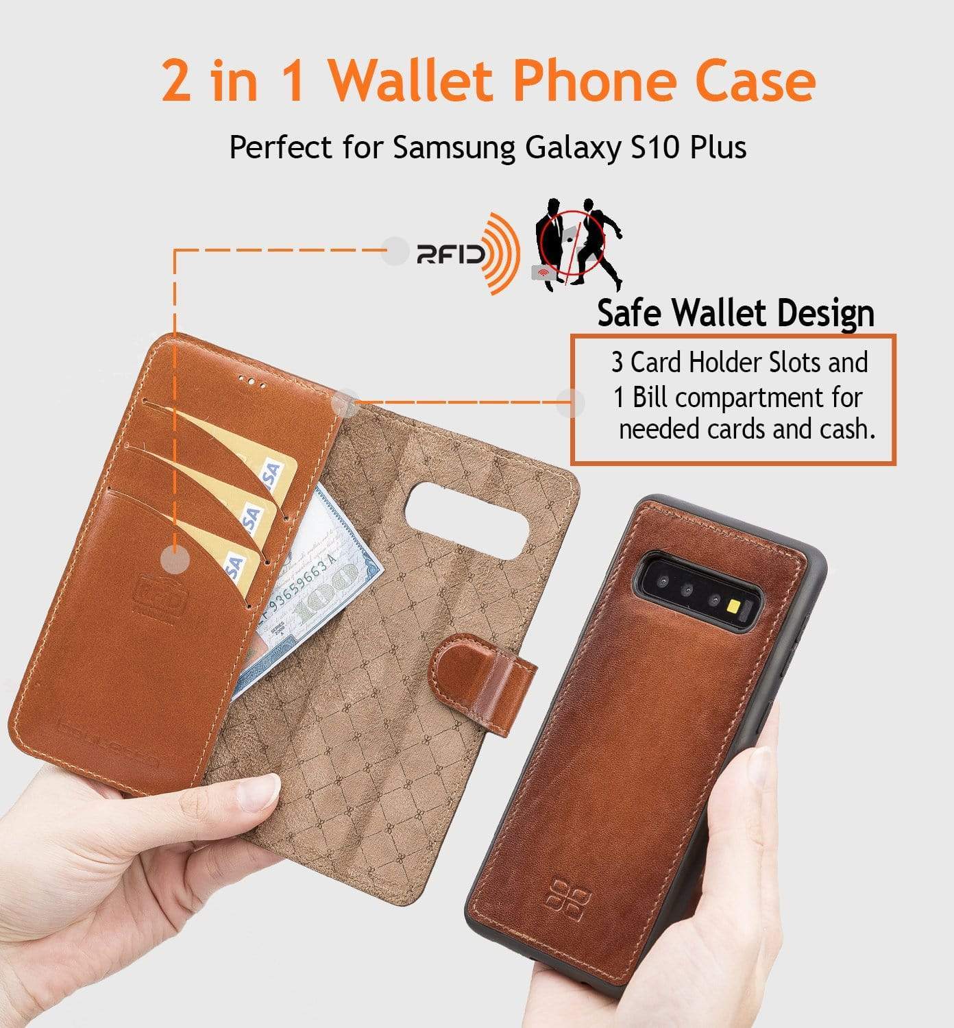 Phone Case Magnetic Detachable Leather Wallet Case for Samsung Galaxy S10 Plus - Antic Dark Brown Bouletta Shop