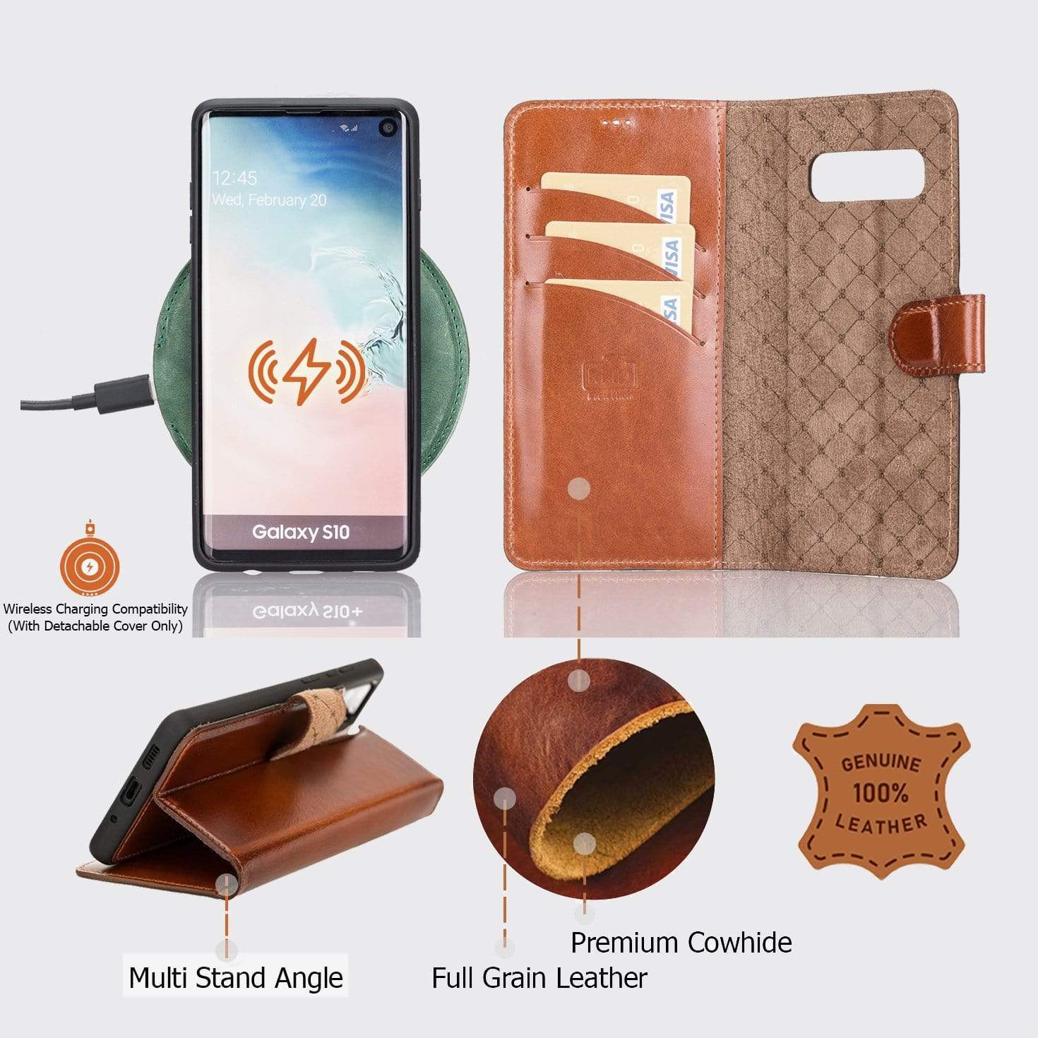 Phone Case Magnetic Detachable Leather Wallet Case for Samsung Galaxy S10 - Tiguan Grey Bouletta Shop