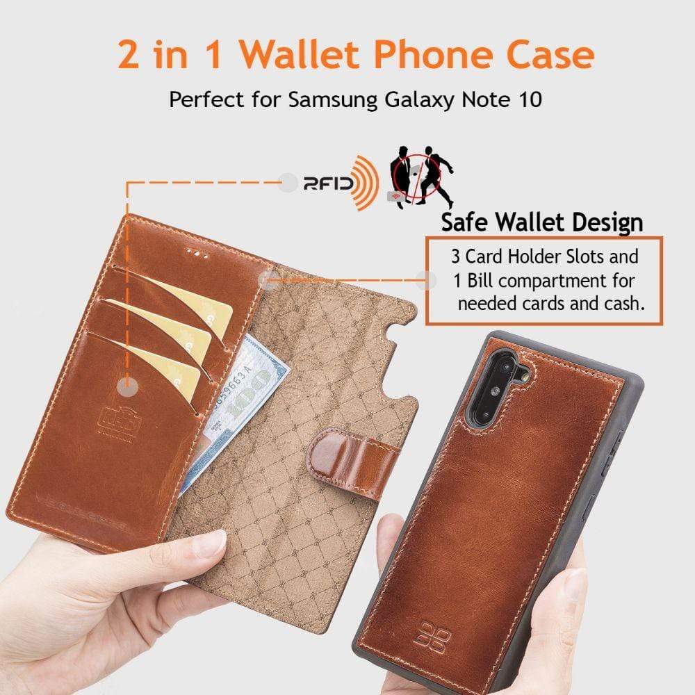 Phone Case Magnetic Detachable Leather Wallet Case for Samsung Note 10 - Antic Brown Bouletta Shop