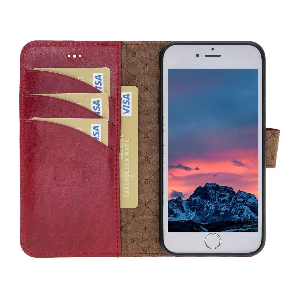 Phone Case Magnetic Detachable Leather Wallet Case with RFID Blocker for Apple iphone SE2/7/8 - Vegetal Burnished Red Bouletta Case