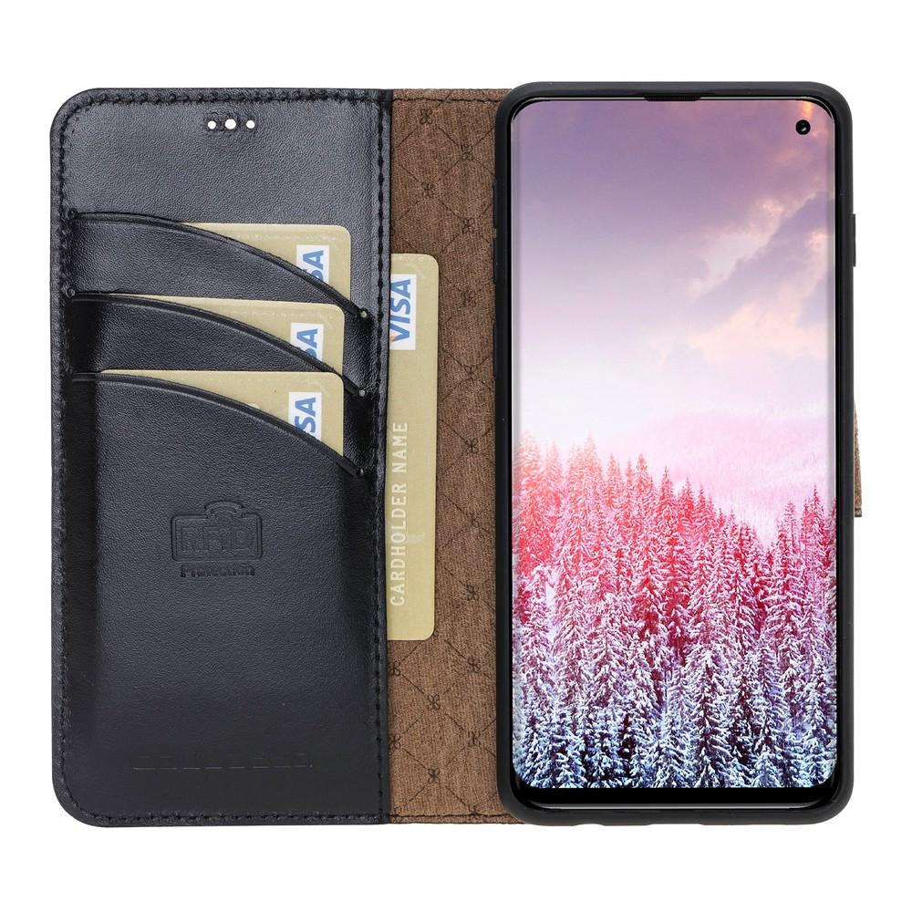 Phone Case Magnetic Detachable Leather Wallet Case with RFID Blocker for Samsung Galaxy S10 - Rustic Black Bouletta Case