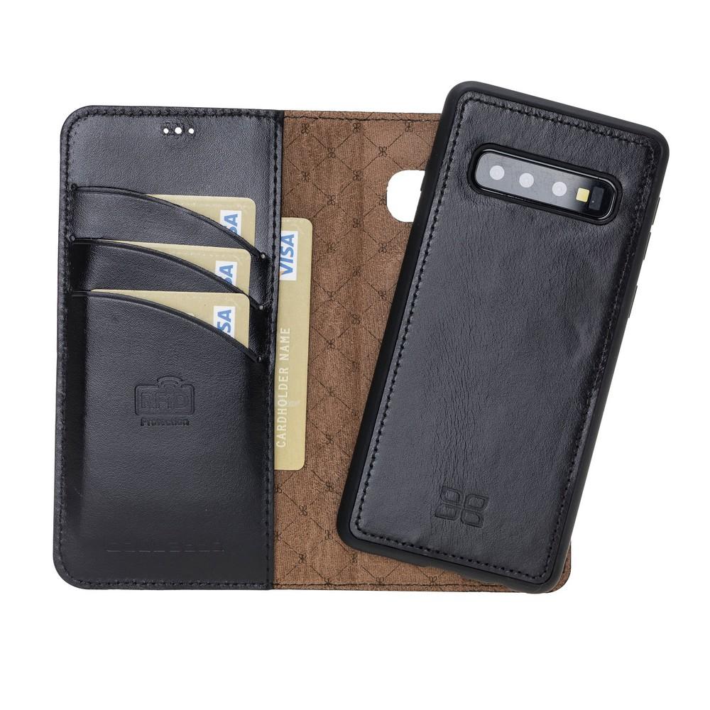 Phone Case Magnetic Detachable Leather Wallet Case with RFID Blocker for Samsung Galaxy S10 - Rustic Black Bouletta Case
