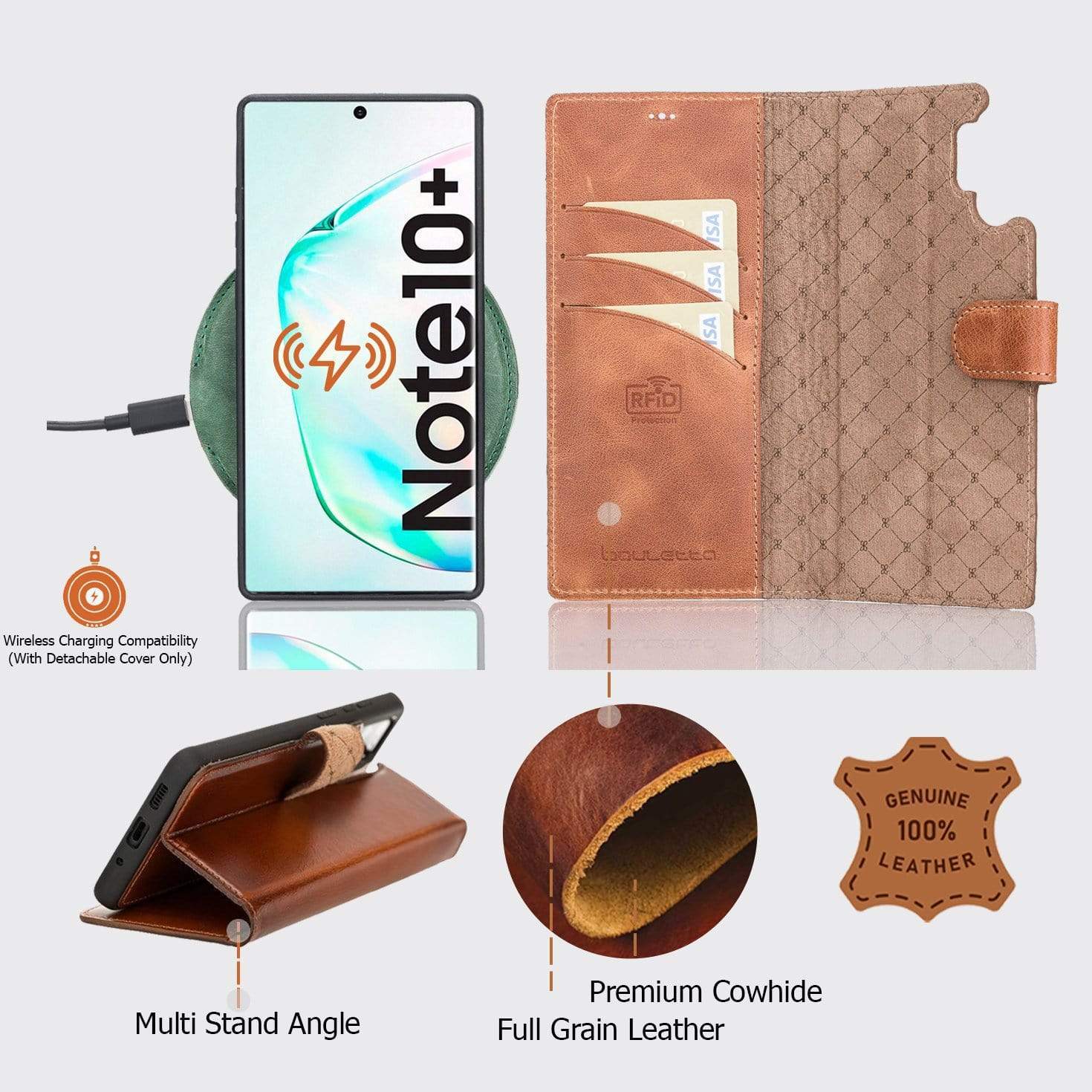 Phone Case Magnetic Detachable Leather Wallet Case with RFID Blocker for Samsung Note 10 Plus - Rustic Tan with Effect Bouletta Shop