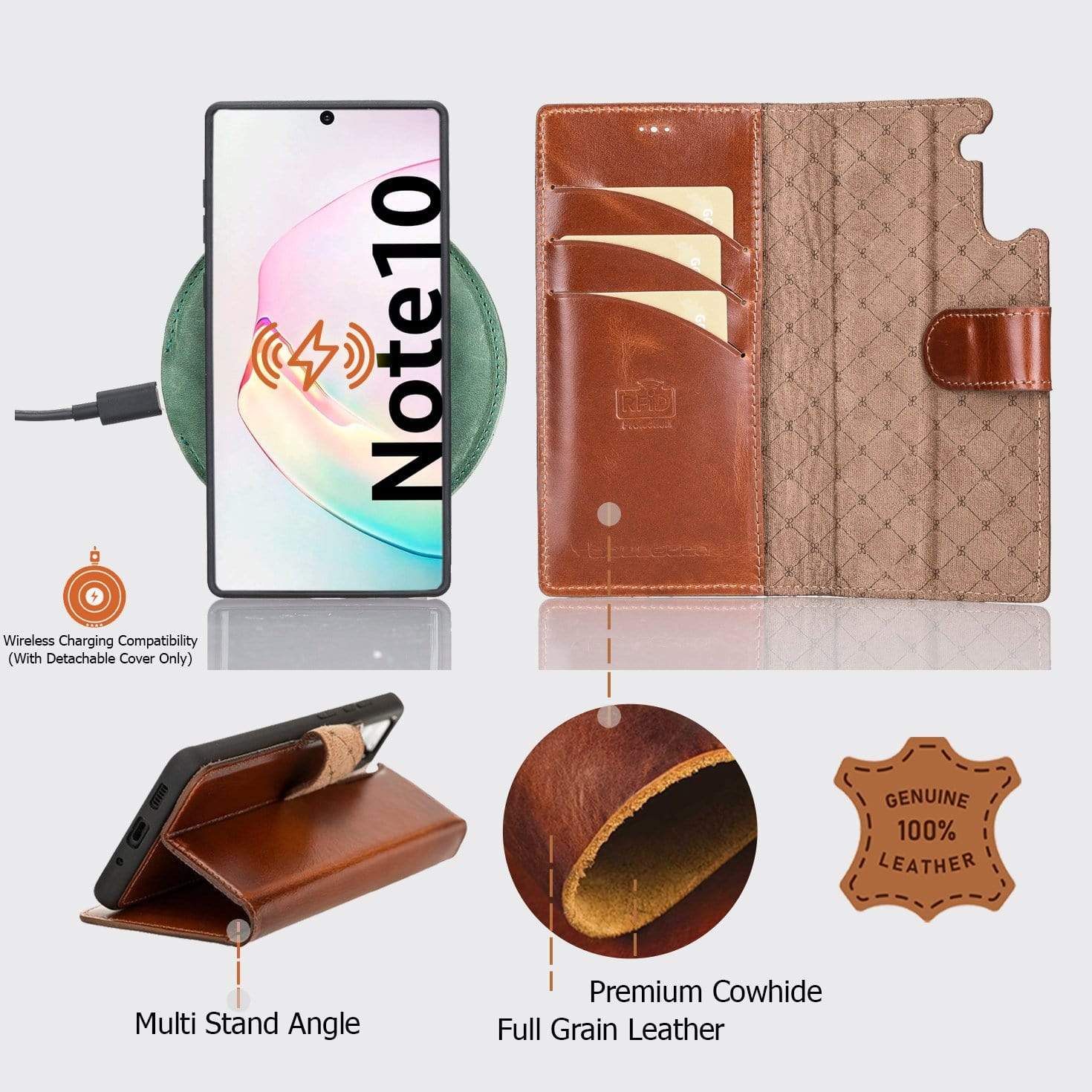 Phone Case Magnetic Detachable Leather Wallet Case with RFID Blocker for Samsung Note 10 - Vegetal Burnished Red Bouletta Shop