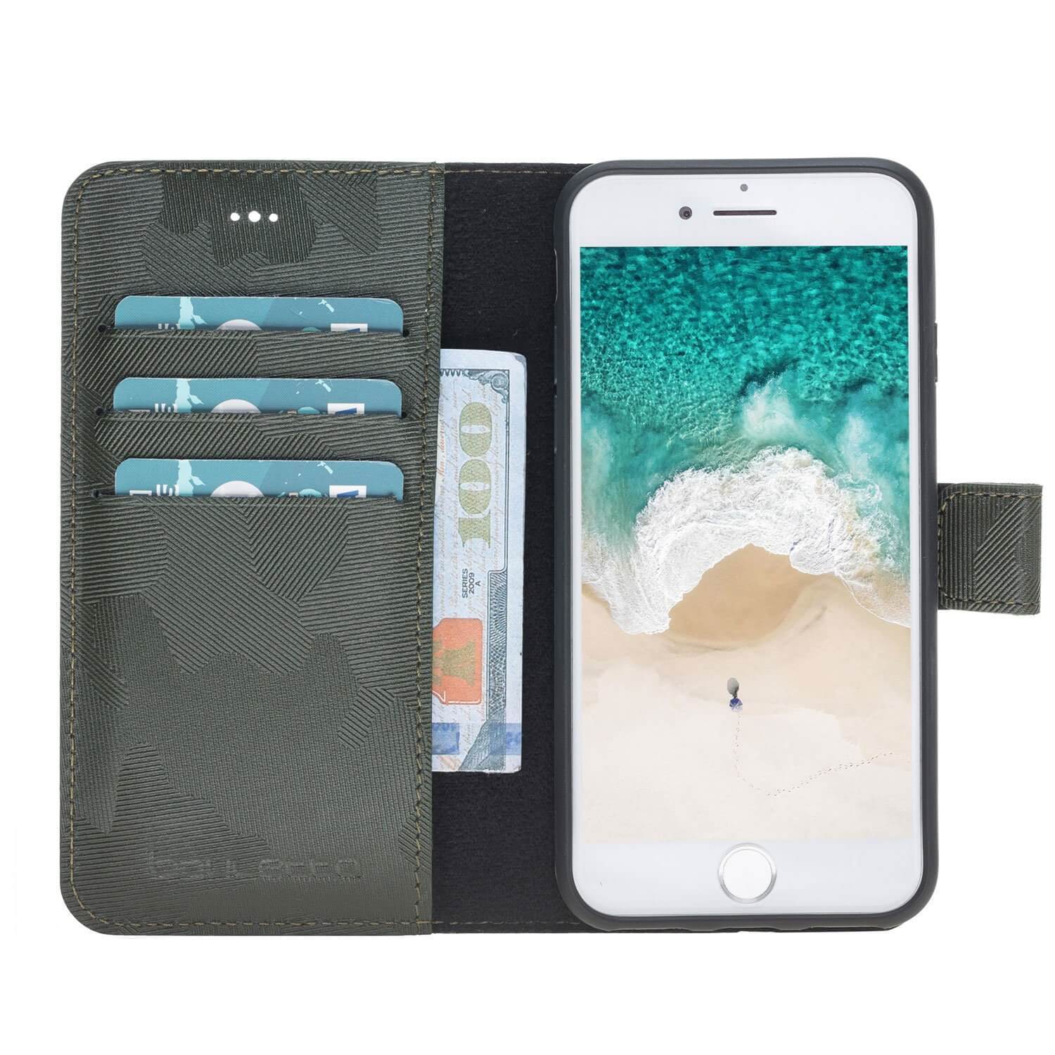 Wallet Case Magnetic Detachable Leather Wallet Case for Apple iphone SE2/7/8 - Camouflage Green Bouletta Case