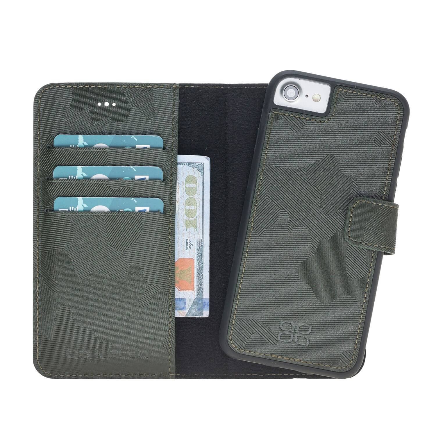 Wallet Case Magnetic Detachable Leather Wallet Case for Apple iphone SE2/7/8 - Camouflage Green Bouletta Case