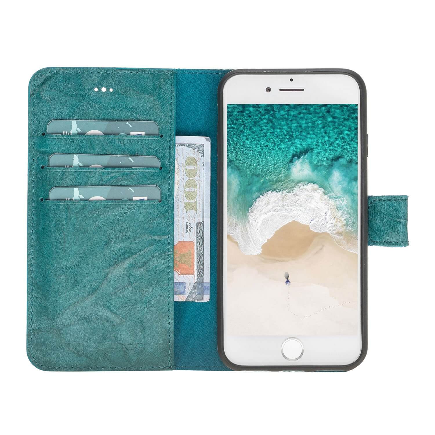 Wallet Case Magnetic Detachable Leather Wallet Case for Apple iphone SE2/7/8 - Creased Turquoise Bouletta Case