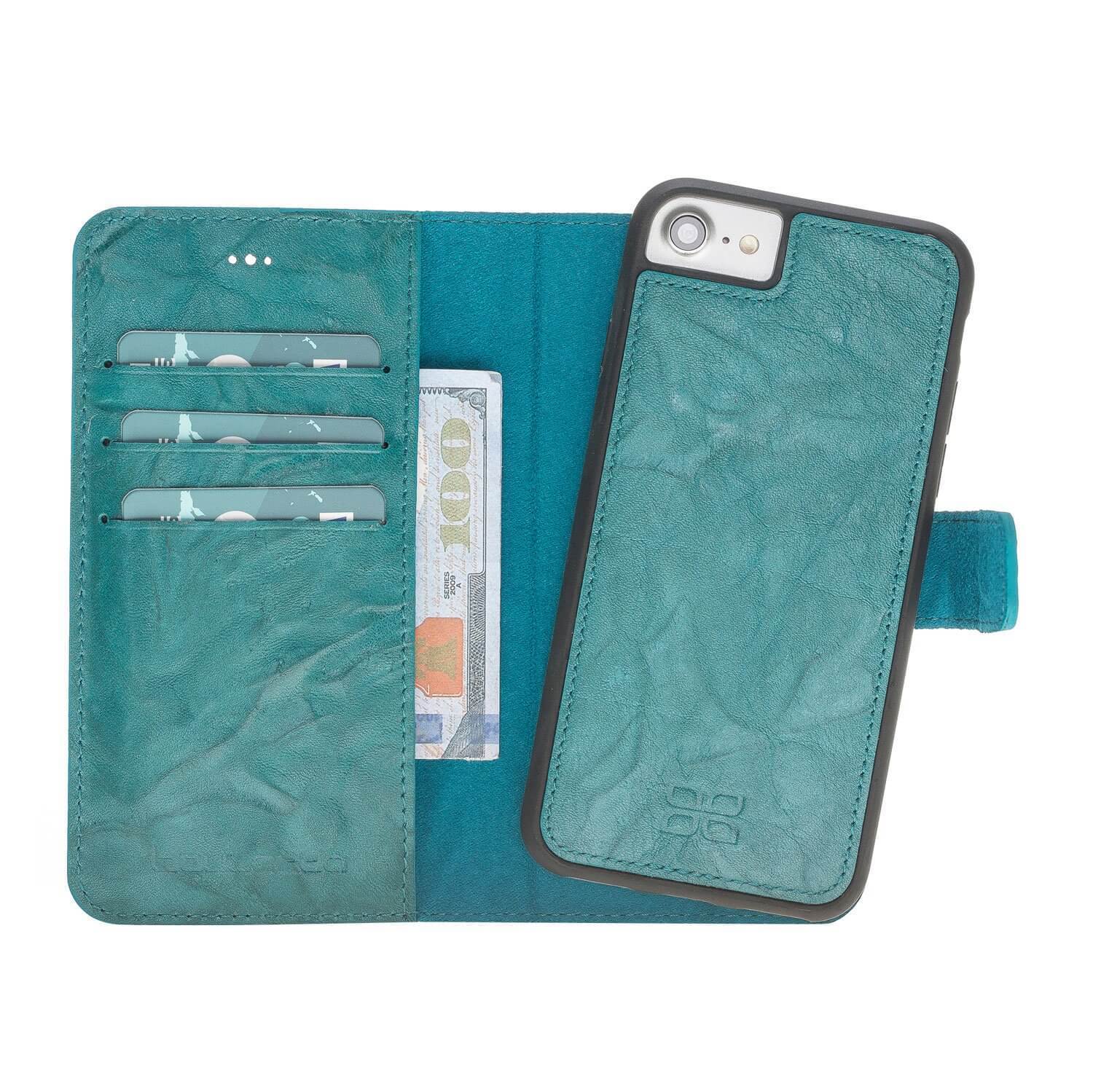 Wallet Case Magnetic Detachable Leather Wallet Case for Apple iphone SE2/7/8 - Creased Turquoise Bouletta Case