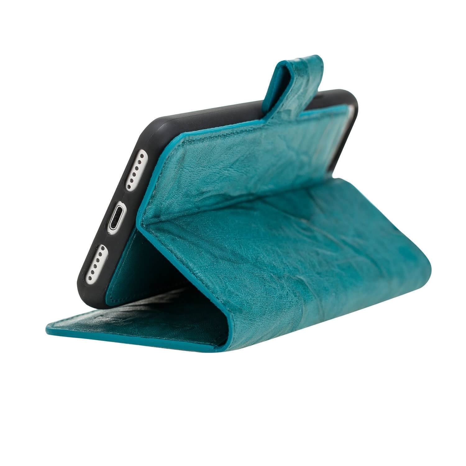 Wallet Case Magnetic Detachable Leather Wallet Case for Apple iphone SE2/7/8 - Creased Turquoise Bouletta Case